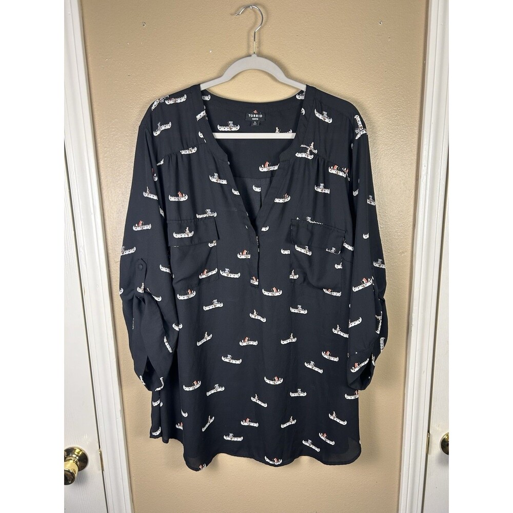 Torrid Harper Popover 3/4 Sleeve Blouse Pockets Animal Canoe Print Black 5